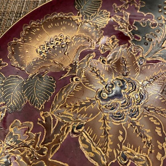 Burgundy Gold Green Floral Decorative Oriental Plate Gold Rim Raised Gold Accent - Picture 3 of 8
